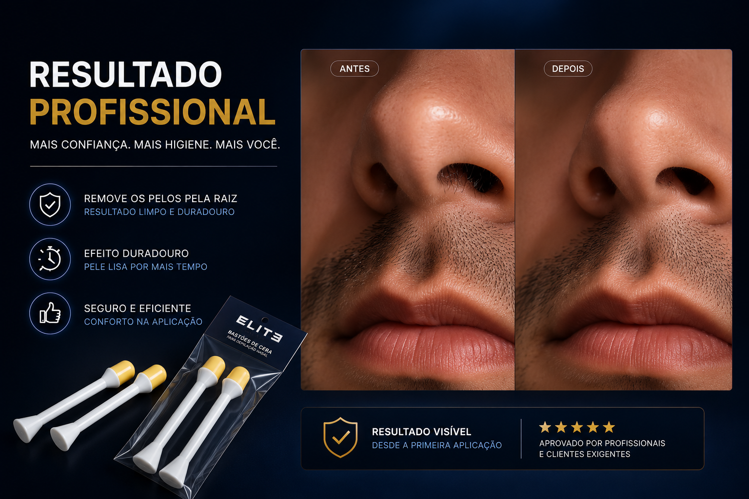 Antes e depois da depilação nasal com bastão da Elite Essentials
